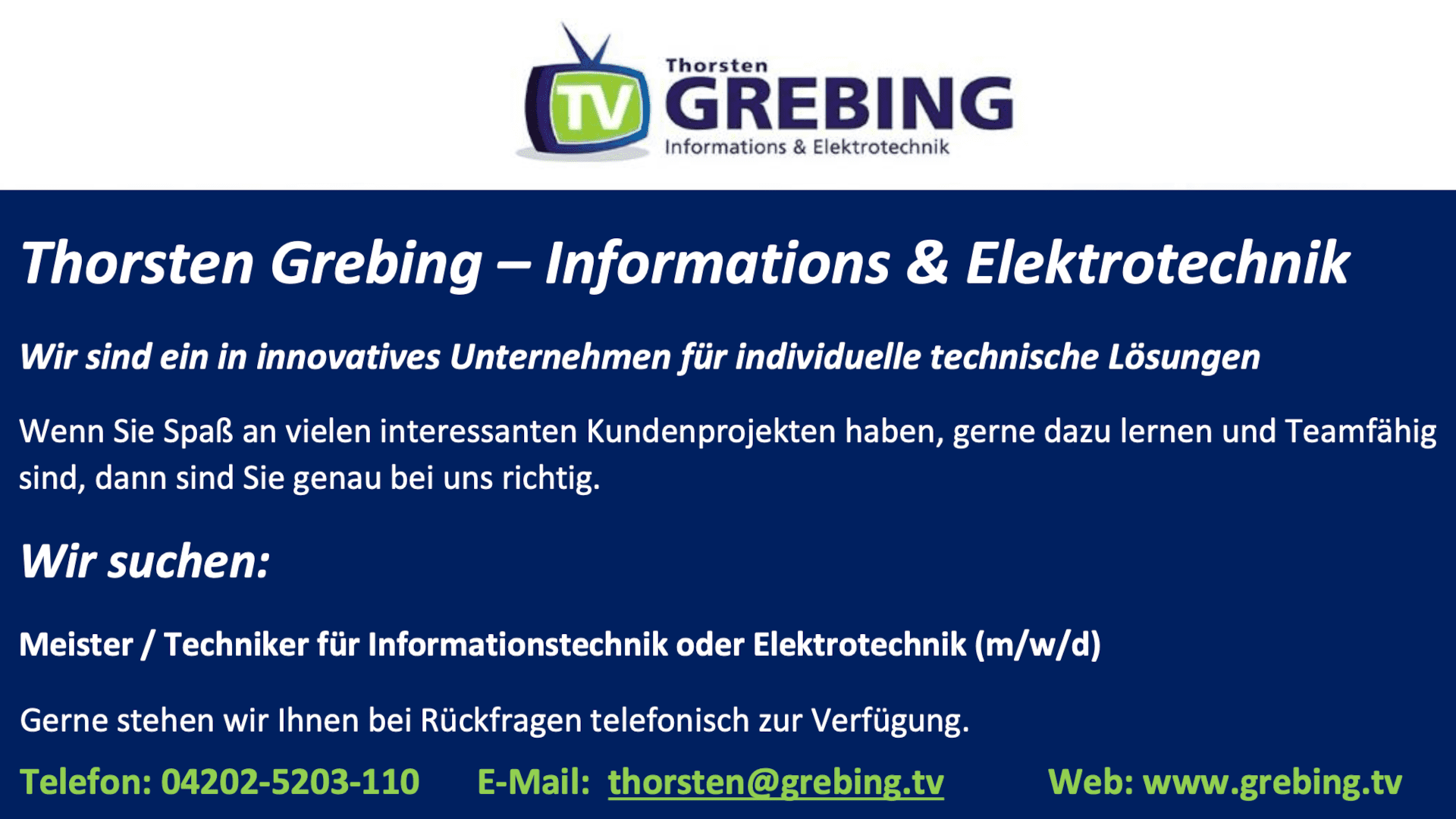 Wir suchen Meister / Techniker für Informationstechnik oder Elektrotechnik (m/w/d)